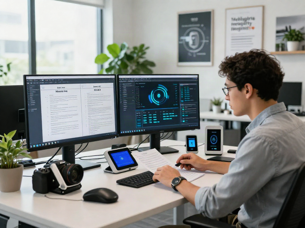 Detailing document fraud detection technology in a modern workspace with dual screens and OCR tools.
