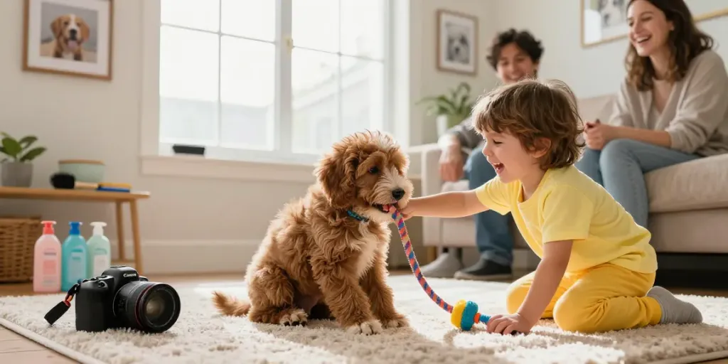 Family bonding with Sheepadoodle puppies in a cozy living room, showcasing warmth and love.