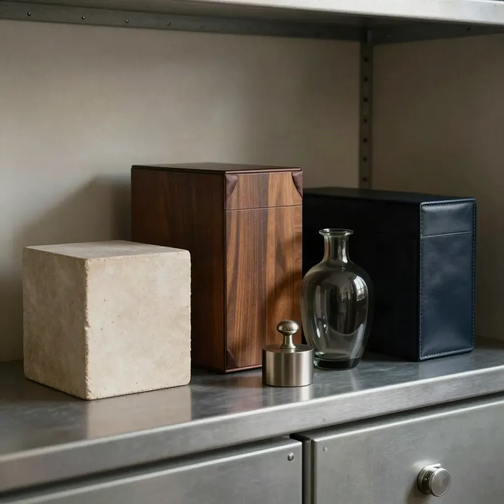 Stone, walnut, glass, and metal portfolio objects balanced on a vault shelf.