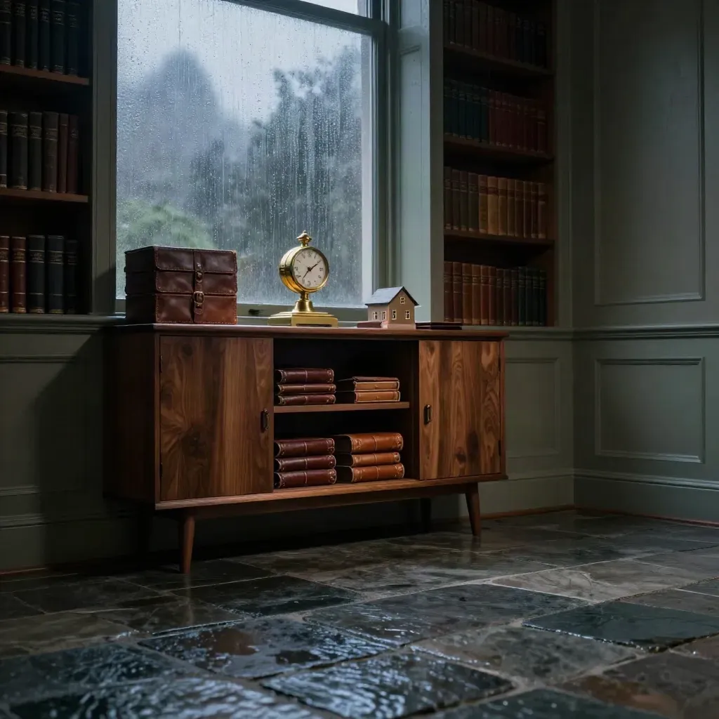Rain-darkened wealth-planning library with leather cases, brass clock and house model at blue hour.