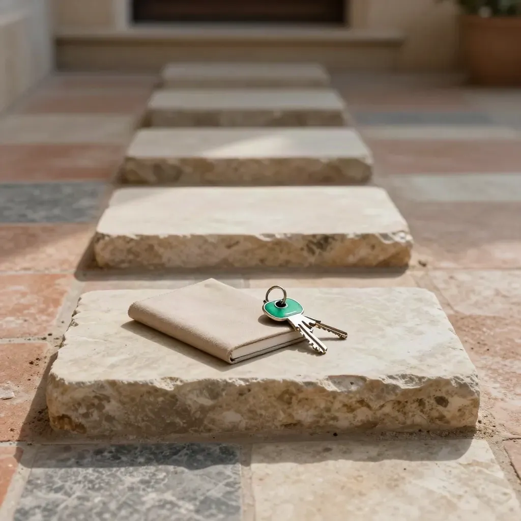 Stone tiles, key ring, and closed notebook on a sunlit floor, viewed low and wide.