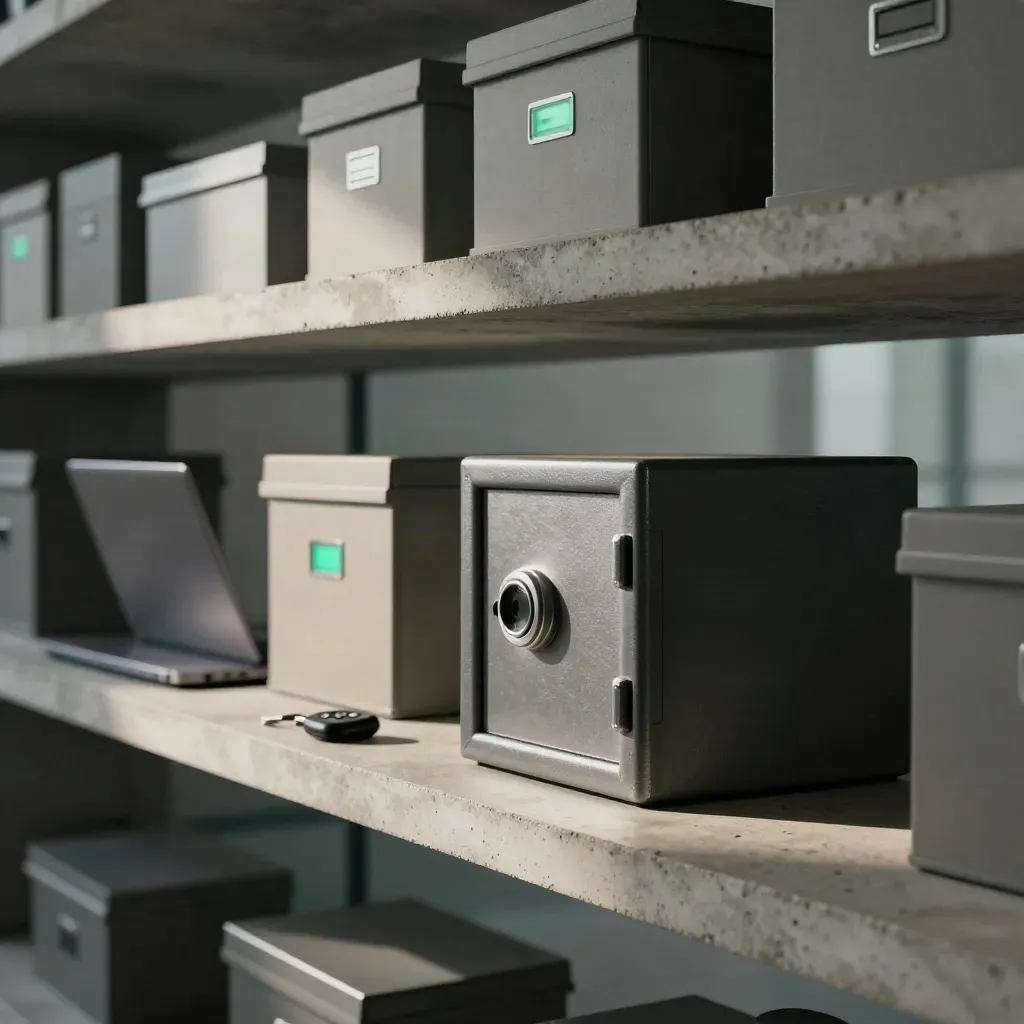 Closed laptop, hardware key, safe, and storage cases on a concrete shelf in a moody loft