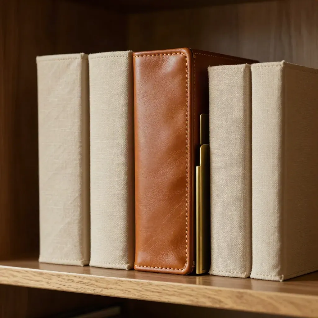 Doctor’s home library shelf with archive boxes, leather folio, and brass divider