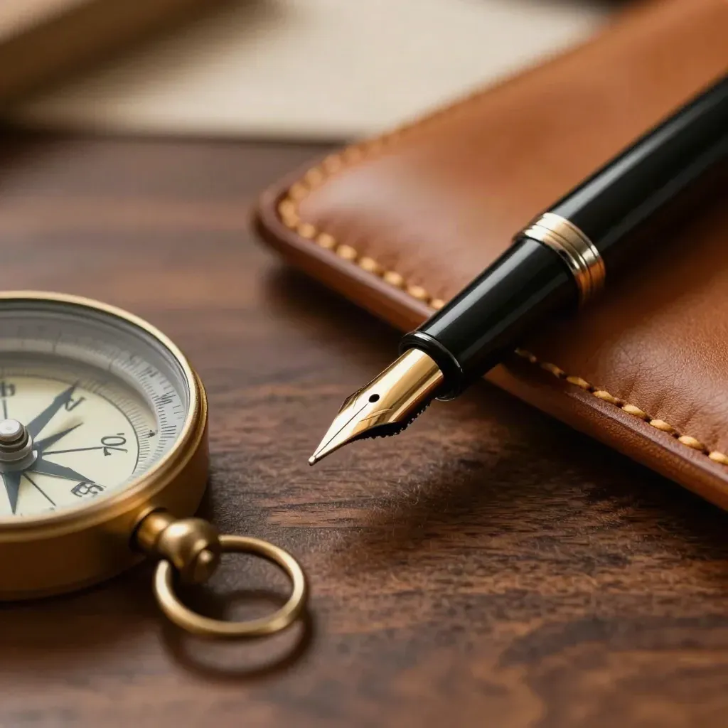 Macro still life of pen, brass compass, and leather portfolio on dark walnut