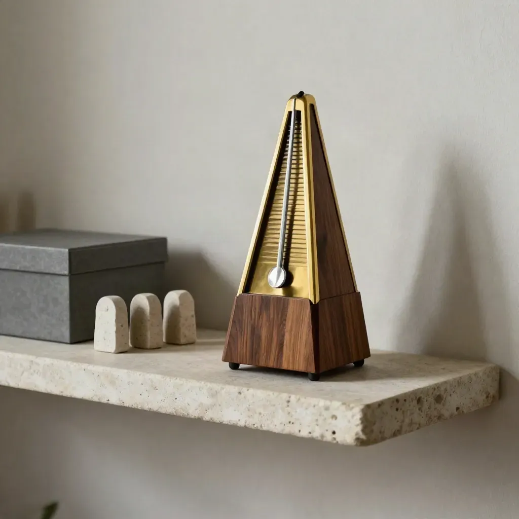 Brass metronome, file box, and stone markers on a pale shelf in soft side light.