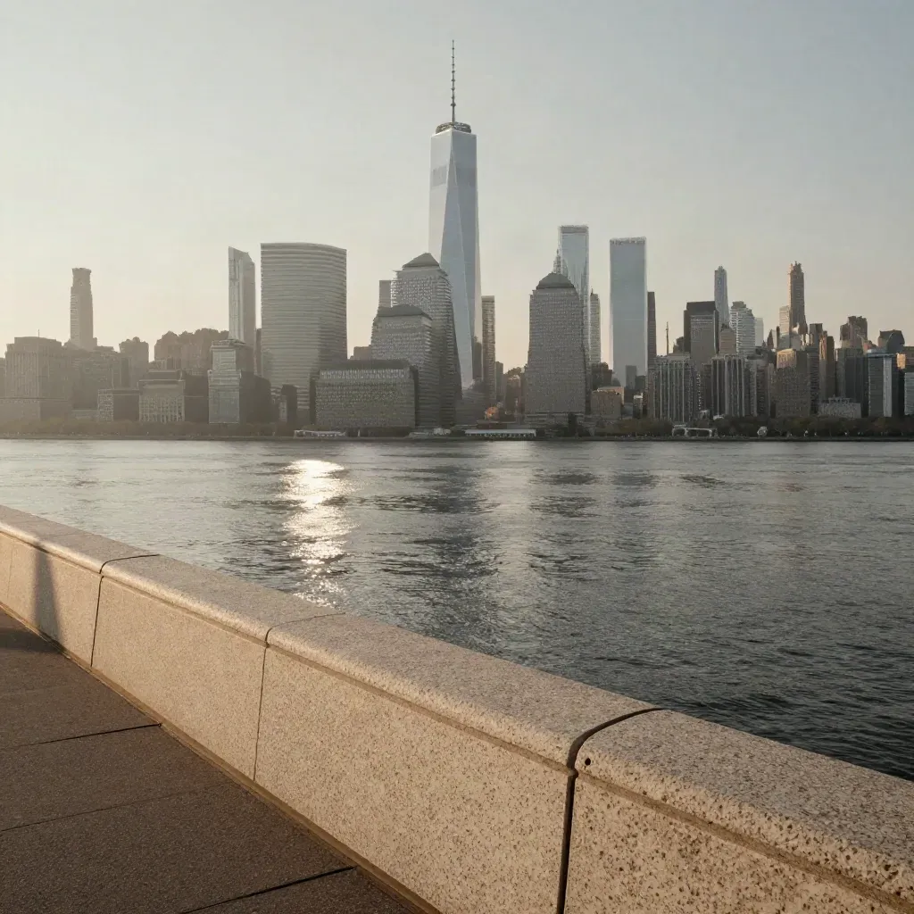 Lower Manhattan skyline over calm river haze with One World Trade Center high above.